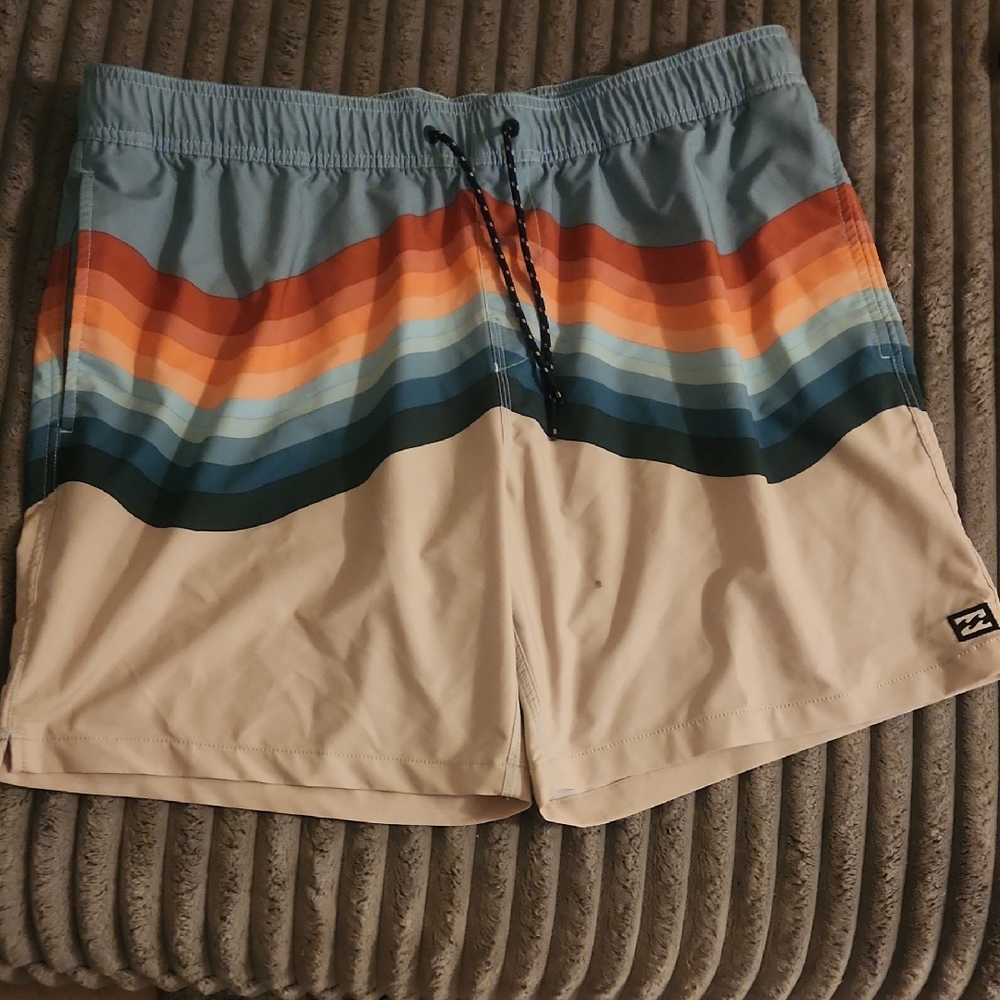Billabong Men's Blue and Orange Striped Board Shorts